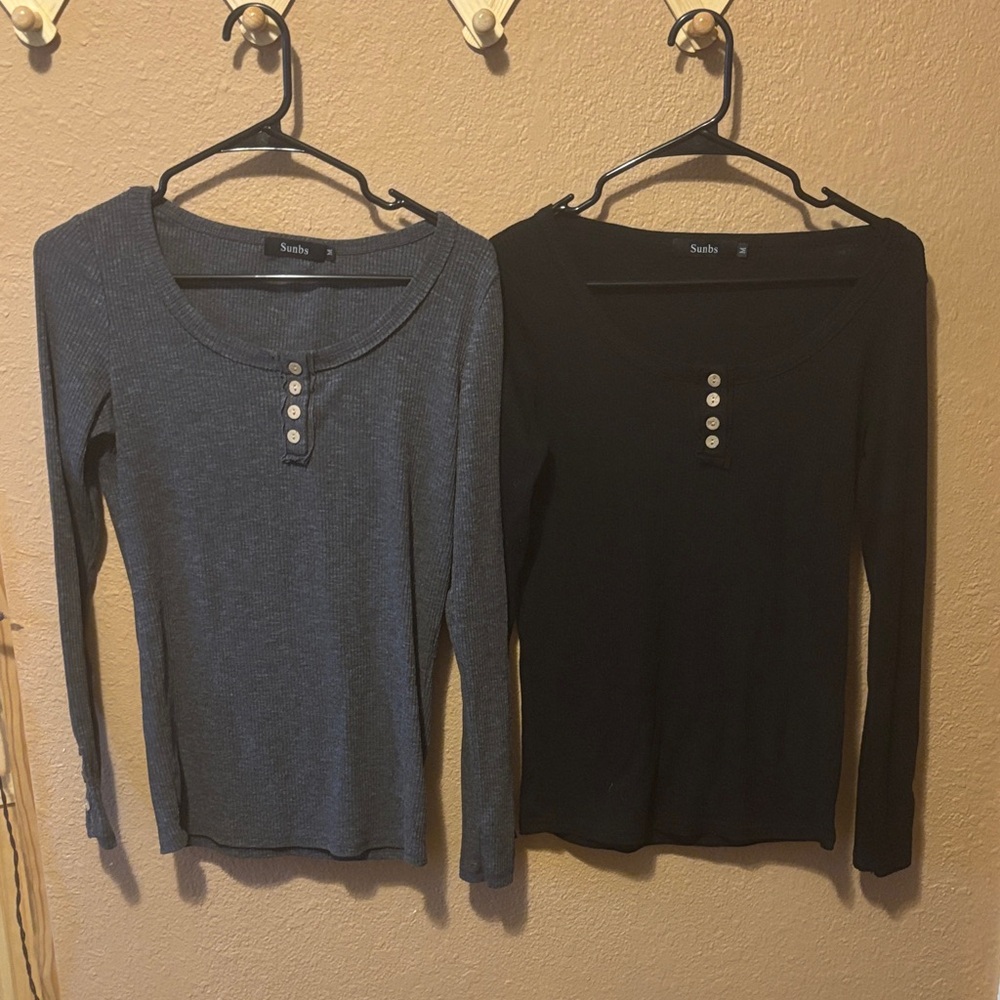 Women's Long Sleeve Henley Tops - Black and Gray
